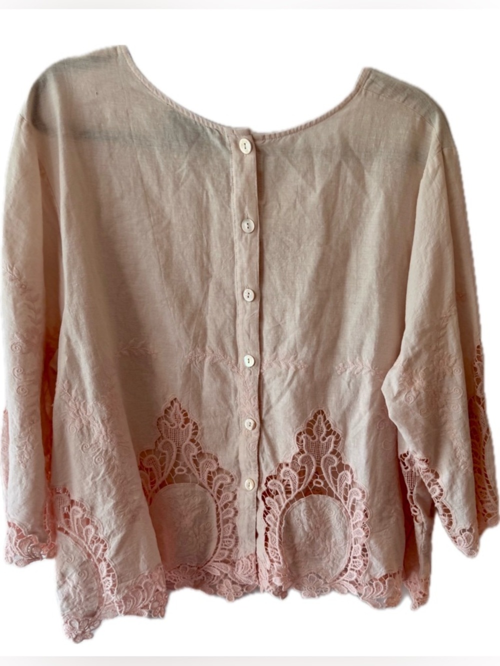 Cynthia Rowley 3X Blush Pink Lace Hem Blouse | Embroidered Boho Top - Picture 3 of 5